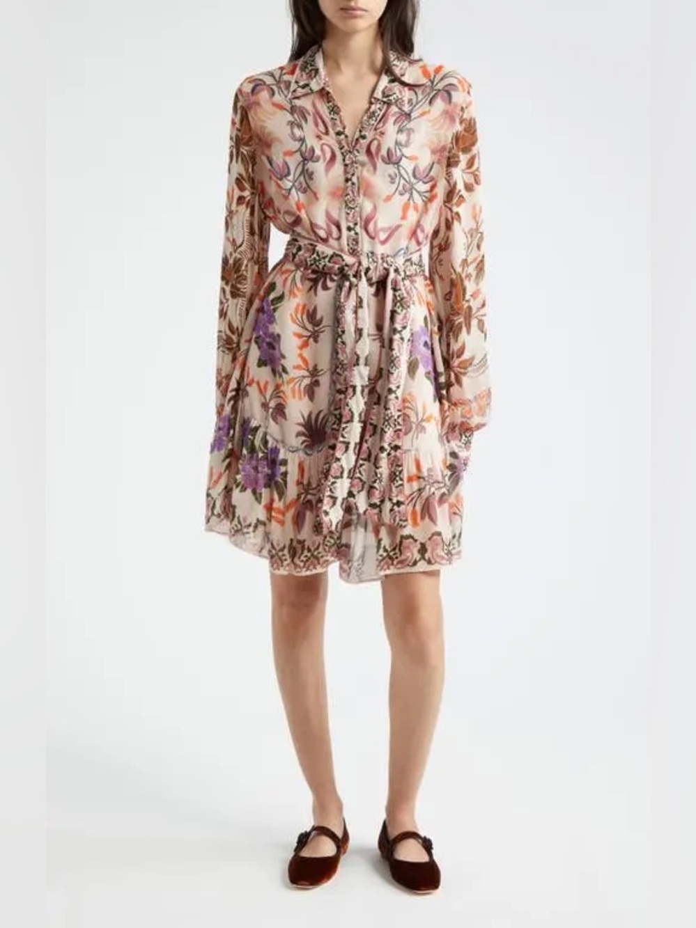 Farm Rio Floral Tie Belt Long Sleeve Shirtdress Mini Length Winter Garden Large
